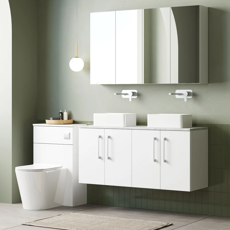 Lana 1200mm Wall Hung 4 Door Vanity Unit & Bellato Grey Laminate Worktop - White Gloss