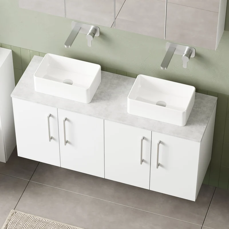 Lana 1200mm Wall Hung 4 Door Vanity Unit & Bellato Grey Laminate Worktop - White Gloss