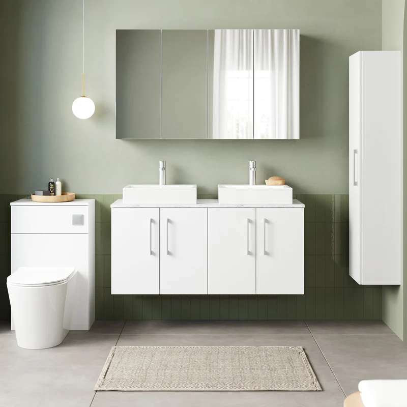 Lana 1200mm Wall Hung 4 Door Vanity Unit & Carrera Marble Laminate Worktop - White Gloss