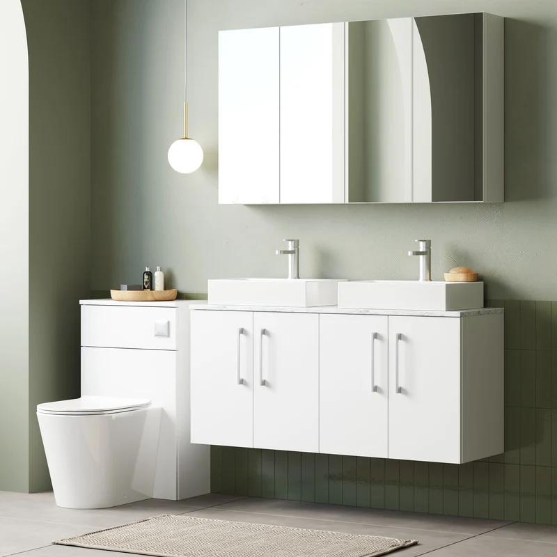 Lana 1200mm Wall Hung 4 Door Vanity Unit & Carrera Marble Laminate Worktop - White Gloss