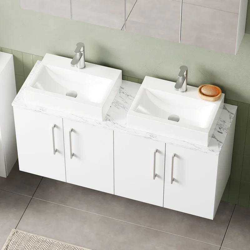 Lana 1200mm Wall Hung 4 Door Vanity Unit & Carrera Marble Laminate Worktop - White Gloss