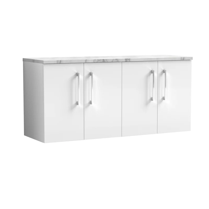 Lana 1200mm Wall Hung 4 Door Vanity Unit & Carrera Marble Laminate Worktop - White Gloss