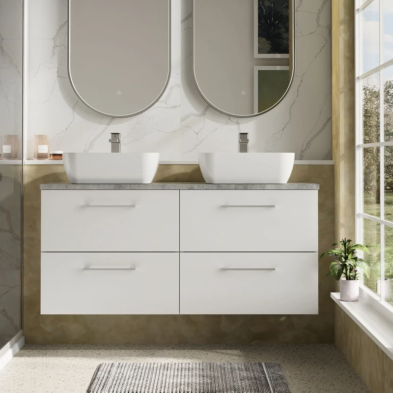 Lana 1200mm Wall Hung 4 Drawer Vanity Unit & Bellato Grey Laminate Worktop - White Gloss