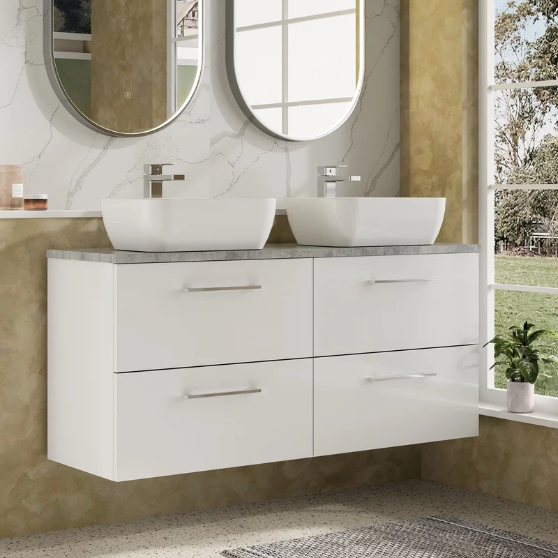 Lana 1200mm Wall Hung 4 Drawer Vanity Unit & Bellato Grey Laminate Worktop - White Gloss