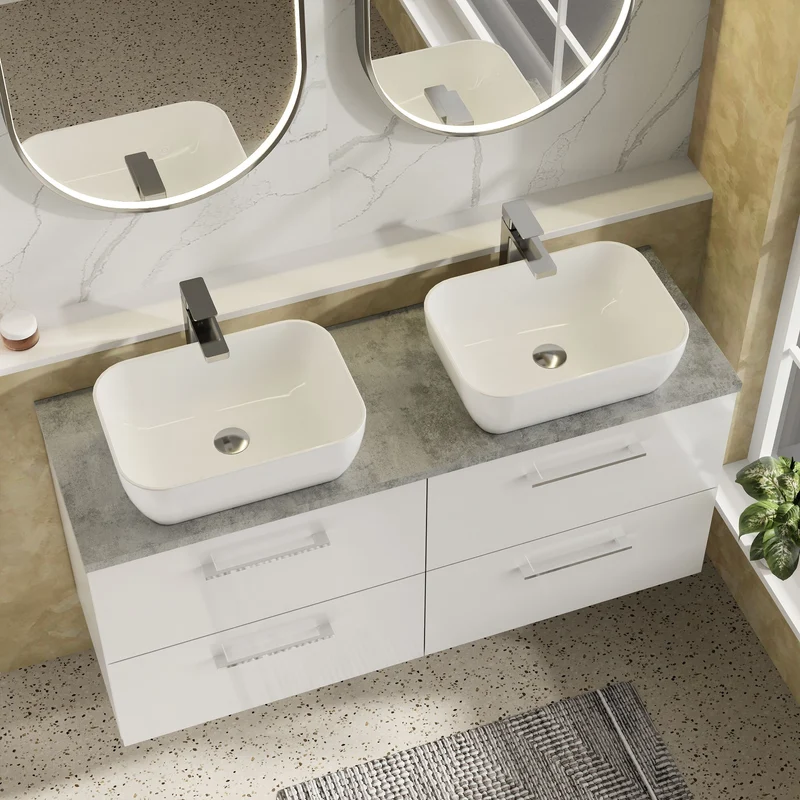 Lana 1200mm Wall Hung 4 Drawer Vanity Unit & Bellato Grey Laminate Worktop - White Gloss