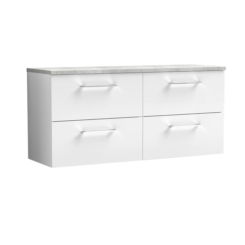 Lana 1200mm Wall Hung 4 Drawer Vanity Unit & Bellato Grey Laminate Worktop - White Gloss
