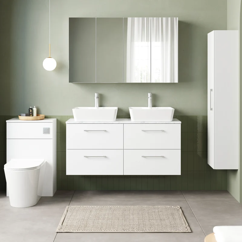 Lana 1200mm Wall Hung 4 Drawer Vanity Unit & Carrera Marble Laminate Worktop - White Gloss