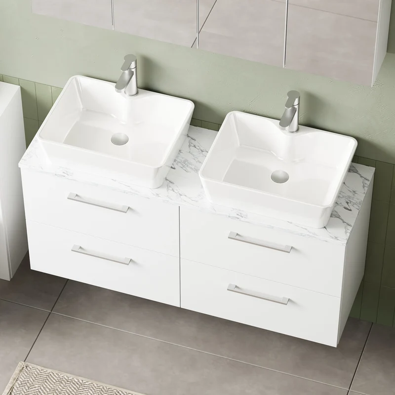 Lana 1200mm Wall Hung 4 Drawer Vanity Unit & Carrera Marble Laminate Worktop - White Gloss