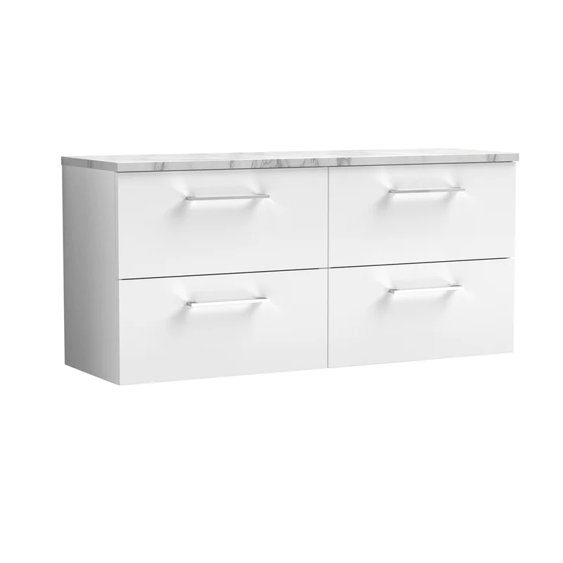 Lana 1200mm Wall Hung 4 Drawer Vanity Unit & Carrera Marble Laminate Worktop - White Gloss