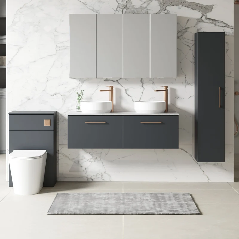 Lana 1200mm Wall Hung 2 Drawer Vanity Unit & Bellato Grey Laminate Worktop - Soft Black Satin