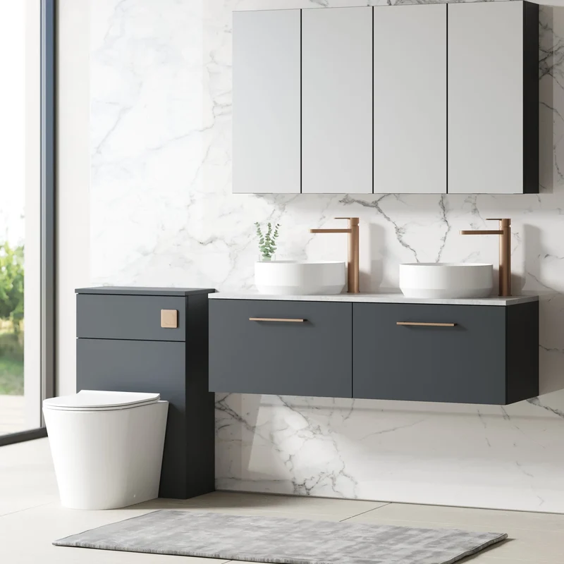 Lana 1200mm Wall Hung 2 Drawer Vanity Unit & Bellato Grey Laminate Worktop - Soft Black Satin