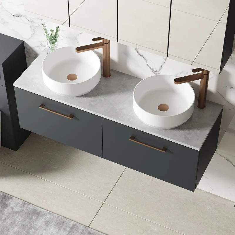 Lana 1200mm Wall Hung 2 Drawer Vanity Unit & Bellato Grey Laminate Worktop - Soft Black Satin