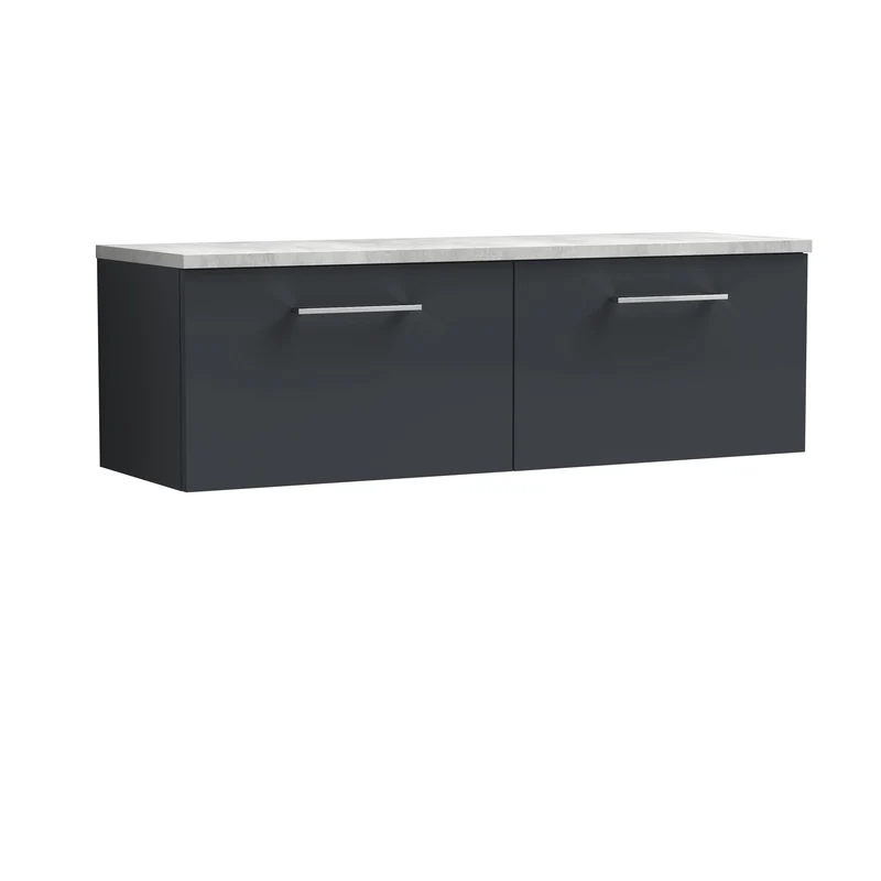 Lana 1200mm Wall Hung 2 Drawer Vanity Unit & Bellato Grey Laminate Worktop - Soft Black Satin