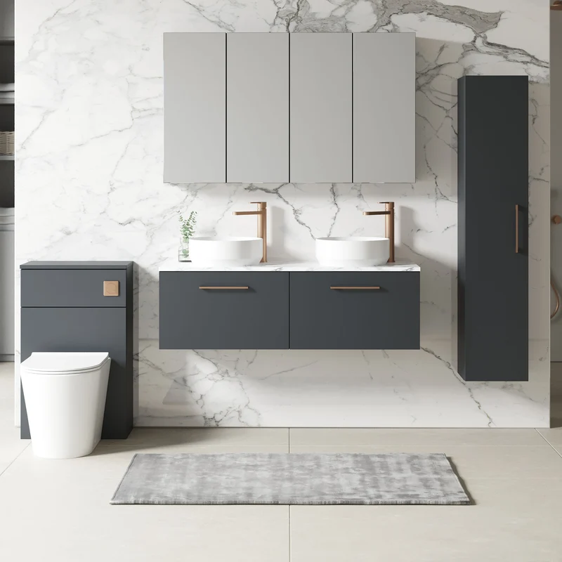 Lana 1200mm Wall Hung 2 Drawer Vanity Unit & Carrera Marble Laminate Worktop - Soft Black Satin