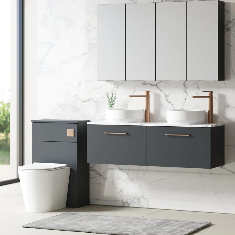 Lana 1200mm Wall Hung 2 Drawer Vanity Unit & Carrera Marble Laminate Worktop - Soft Black Satin