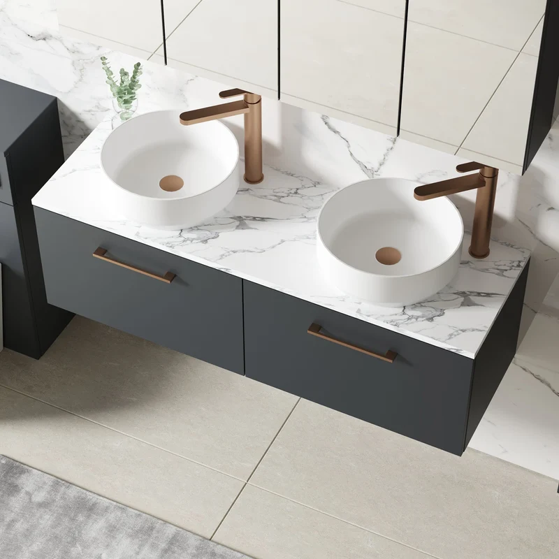 Lana 1200mm Wall Hung 2 Drawer Vanity Unit & Carrera Marble Laminate Worktop - Soft Black Satin
