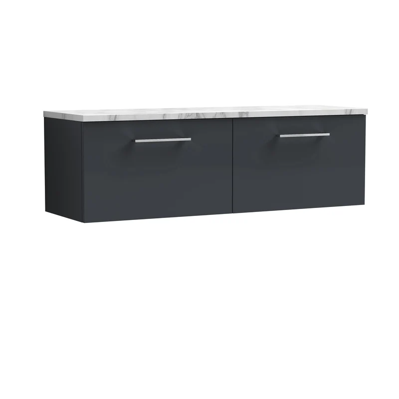 Lana 1200mm Wall Hung 2 Drawer Vanity Unit & Carrera Marble Laminate Worktop - Soft Black Satin