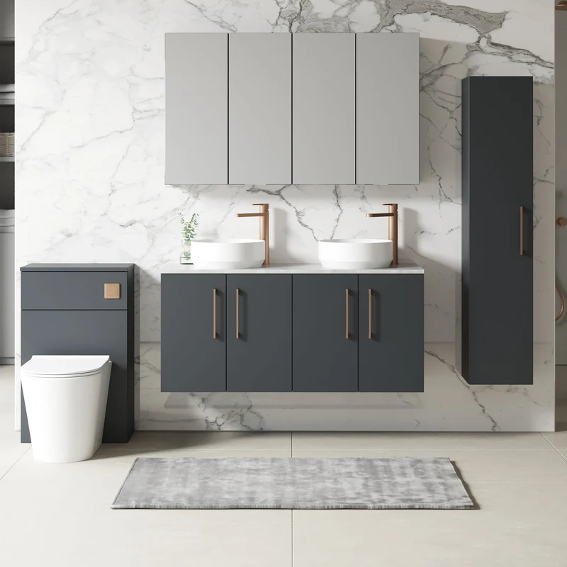 Lana 1200mm Wall Hung 4 Door Vanity Unit & Bellato Grey Laminate Worktop - Soft Black Satin