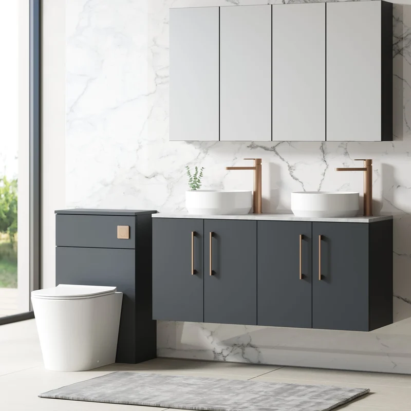Lana 1200mm Wall Hung 4 Door Vanity Unit & Bellato Grey Laminate Worktop - Soft Black Satin