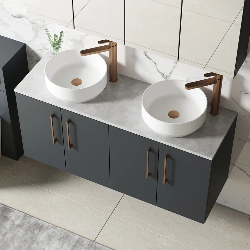 Lana 1200mm Wall Hung 4 Door Vanity Unit & Bellato Grey Laminate Worktop - Soft Black Satin