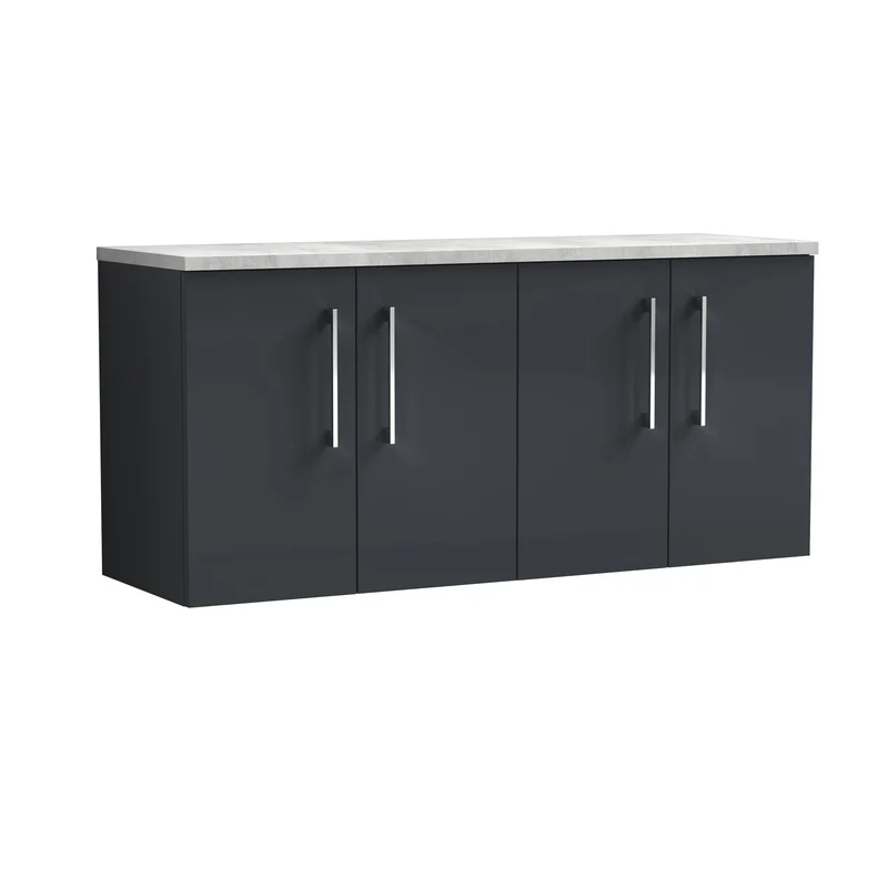 Lana 1200mm Wall Hung 4 Door Vanity Unit & Bellato Grey Laminate Worktop - Soft Black Satin