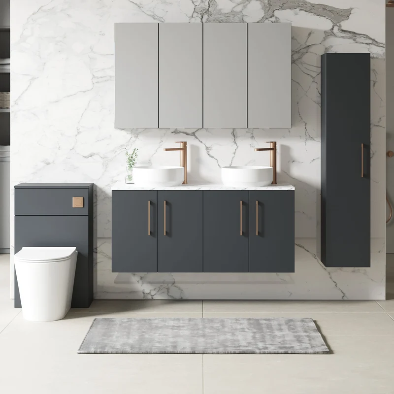 Lana 1200mm Wall Hung 4 Door Vanity Unit & Carrera Marble Laminate Worktop - Soft Black Satin