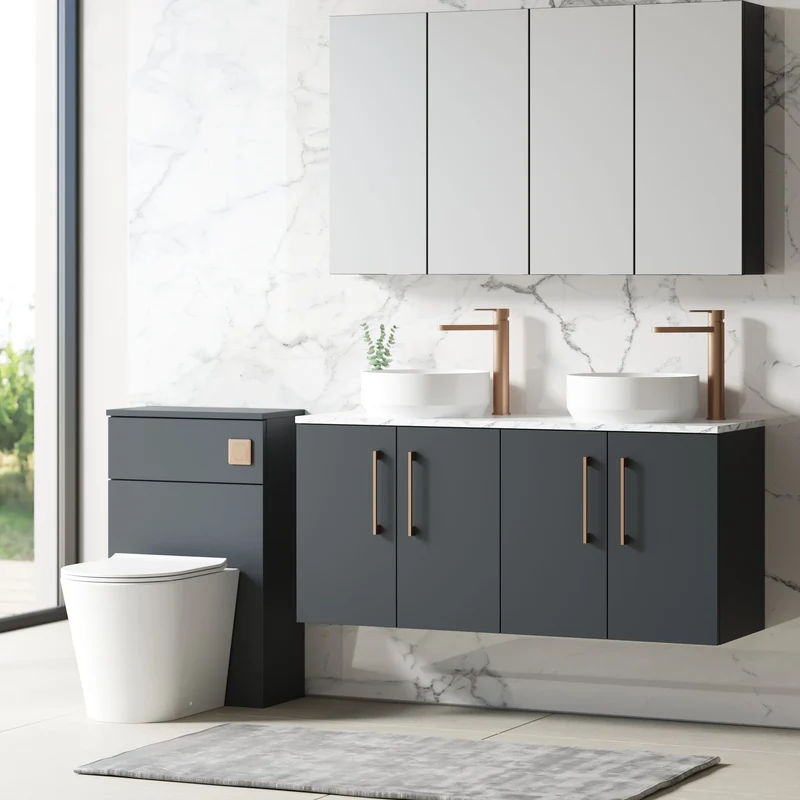 Lana 1200mm Wall Hung 4 Door Vanity Unit & Carrera Marble Laminate Worktop - Soft Black Satin