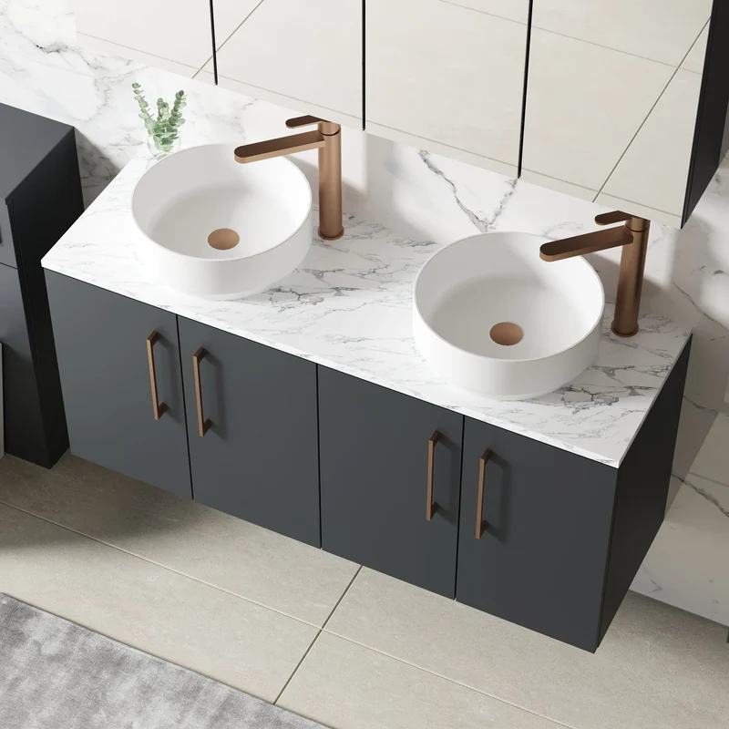 Lana 1200mm Wall Hung 4 Door Vanity Unit & Carrera Marble Laminate Worktop - Soft Black Satin