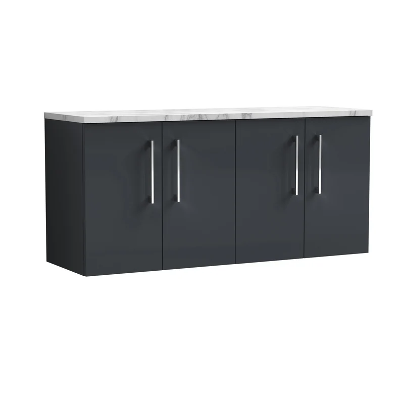 Lana 1200mm Wall Hung 4 Door Vanity Unit & Carrera Marble Laminate Worktop - Soft Black Satin