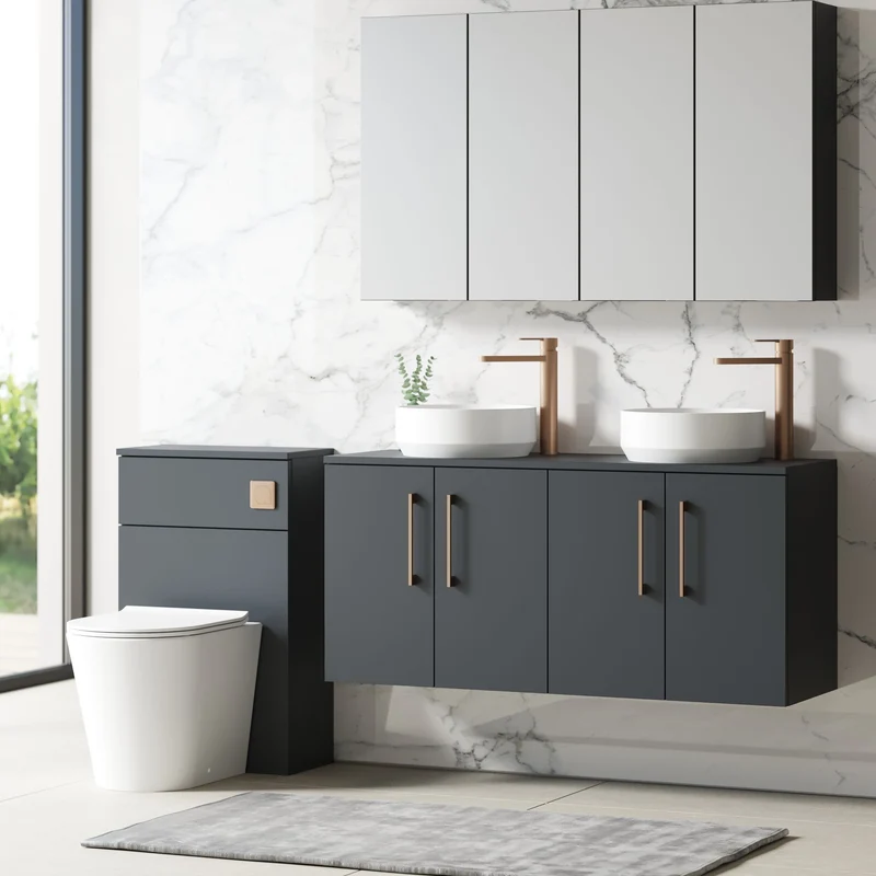 Lana 1200mm Wall Hung 4 Door Vanity Unit & Worktop - Soft Black Satin