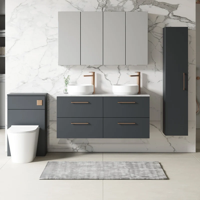 Lana 1200mm Wall Hung 4 Drawer Vanity Unit & Bellato Grey Laminate Worktop - Soft Black Satin