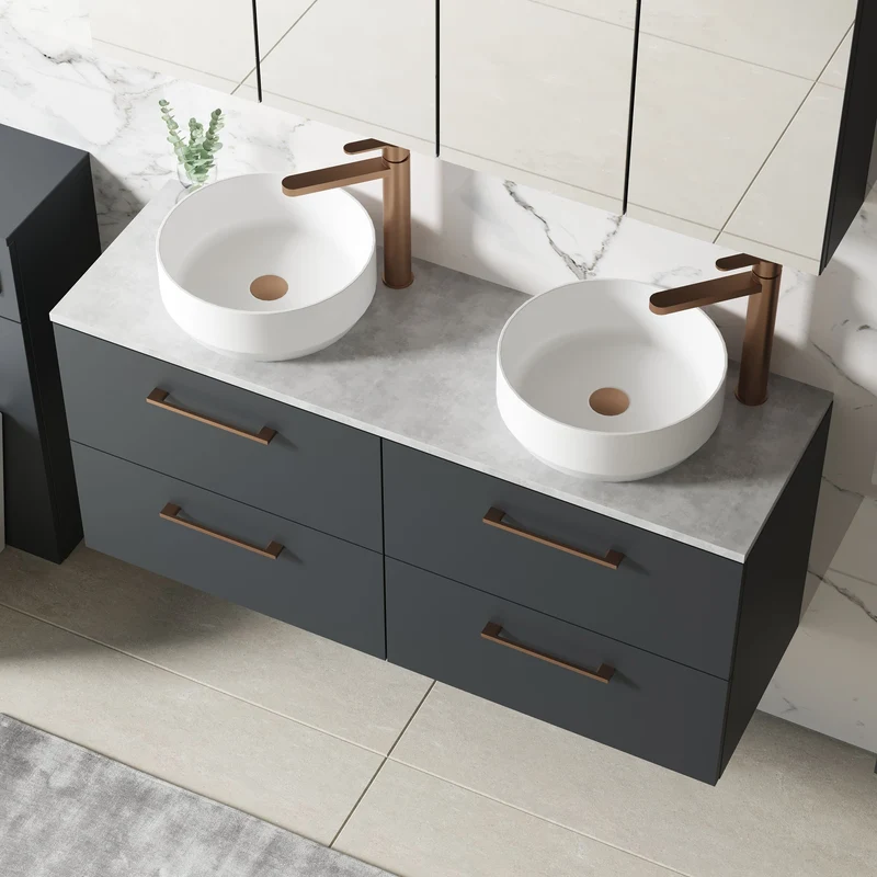 Lana 1200mm Wall Hung 4 Drawer Vanity Unit & Bellato Grey Laminate Worktop - Soft Black Satin
