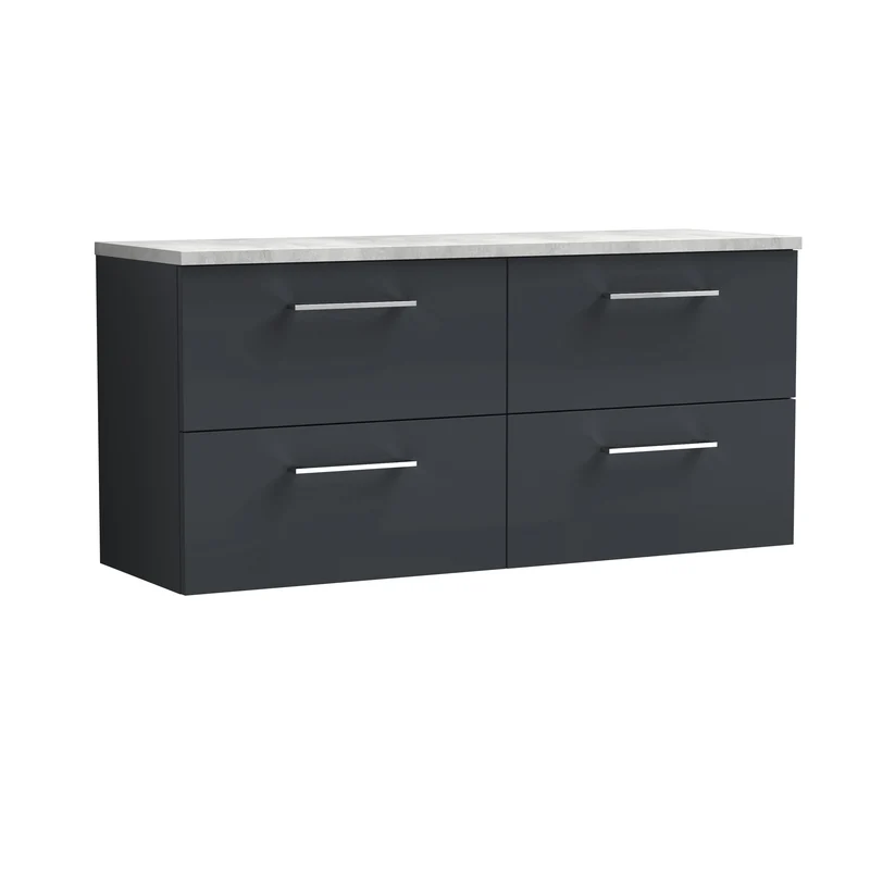 Lana 1200mm Wall Hung 4 Drawer Vanity Unit & Bellato Grey Laminate Worktop - Soft Black Satin