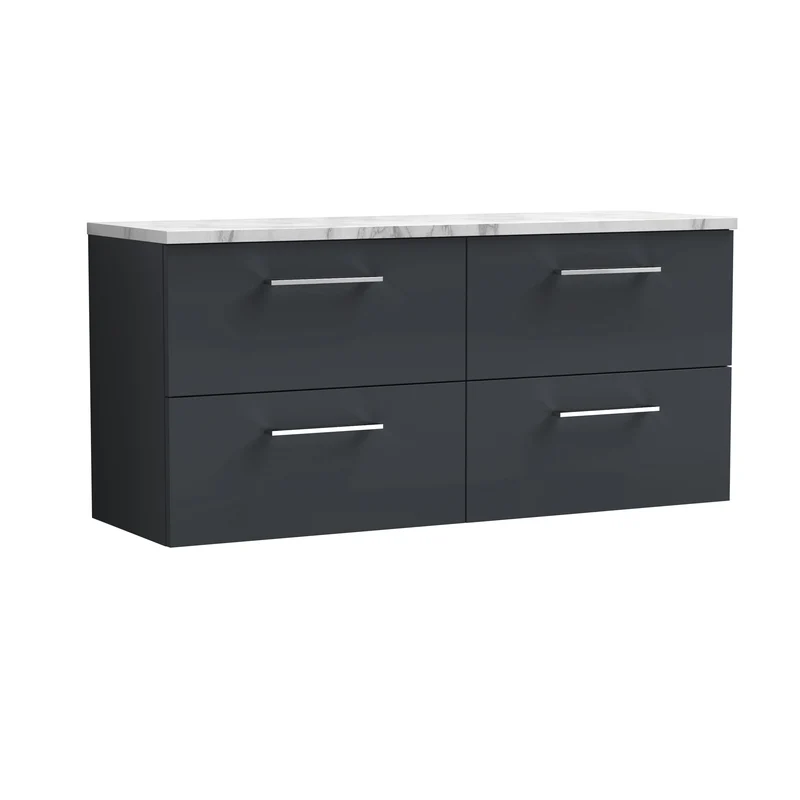 Lana 1200mm Wall Hung 4 Drawer Vanity Unit & Carrera Marble Laminate Worktop - Soft Black Satin