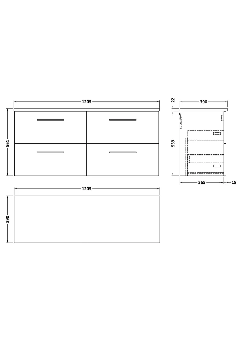 Lana 1200mm Wall Hung 4 Drawer Vanity Unit & Carrera Marble Laminate Worktop - Soft Black Satin