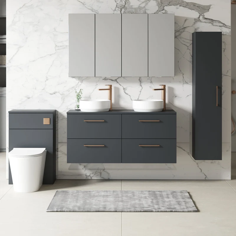 Lana 1200mm Wall Hung 4 Drawer Vanity Unit & Worktop - Soft Black Satin