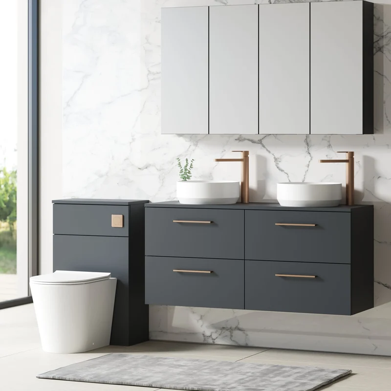 Lana 1200mm Wall Hung 4 Drawer Vanity Unit & Worktop - Soft Black Satin