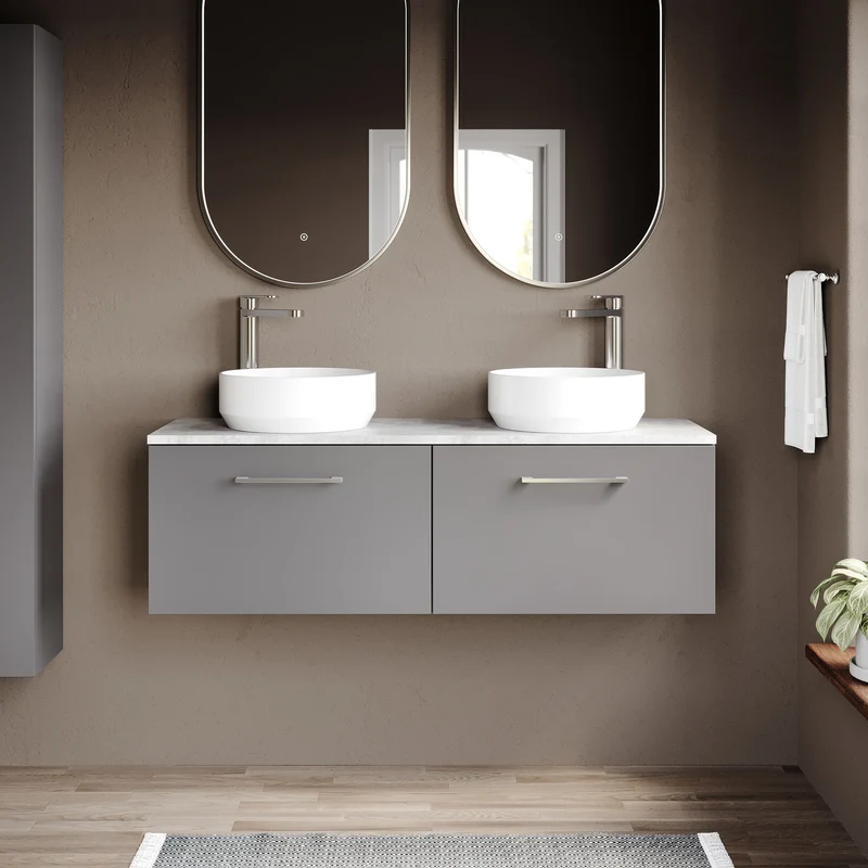 Lana 1200mm Wall Hung 2 Drawer Vanity Unit & Bellato Grey Laminate Worktop - Grey Satin