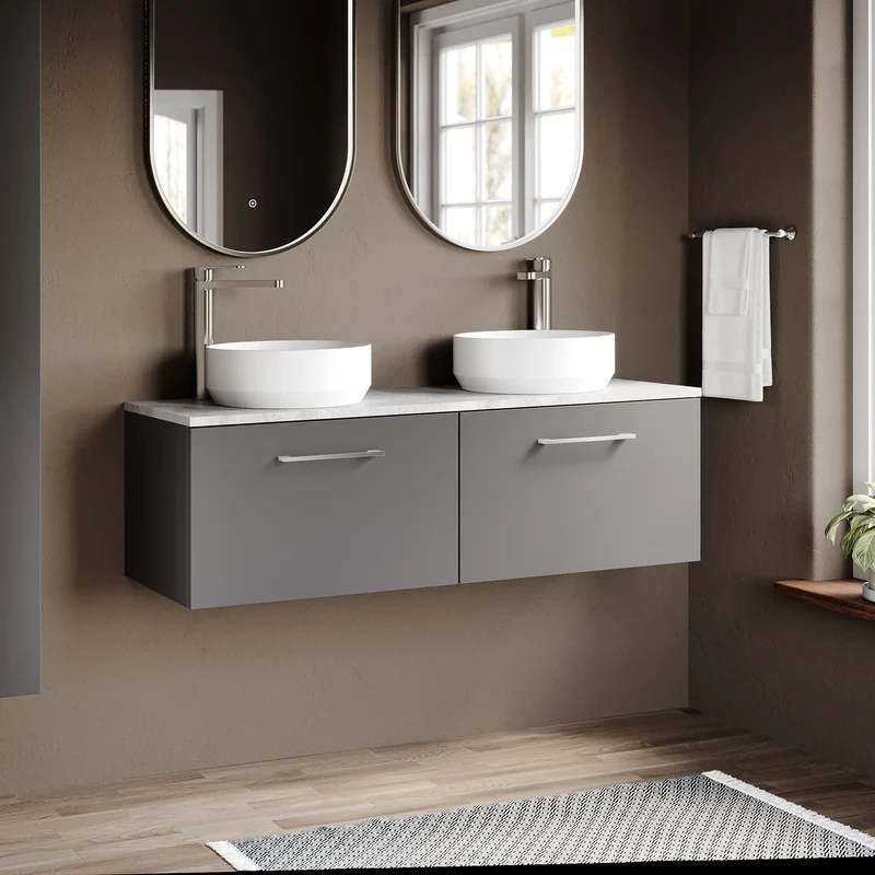 Lana 1200mm Wall Hung 2 Drawer Vanity Unit & Bellato Grey Laminate Worktop - Grey Satin