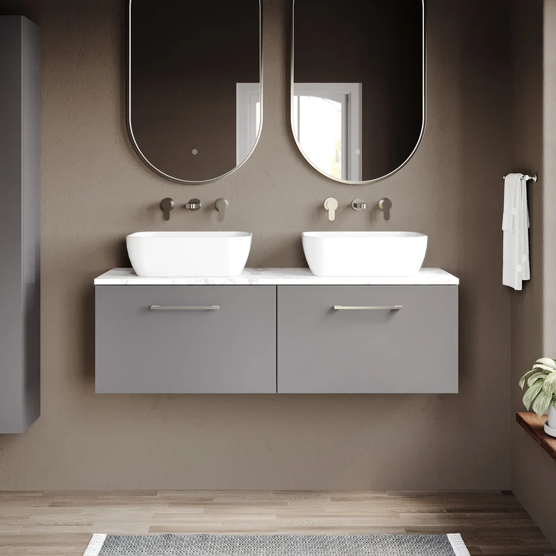 Lana 1200mm Wall Hung 2 Drawer Vanity Unit & Carrera Marble Laminate Worktop - Grey Satin