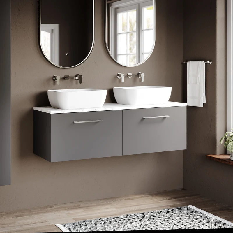 Lana 1200mm Wall Hung 2 Drawer Vanity Unit & Carrera Marble Laminate Worktop - Grey Satin