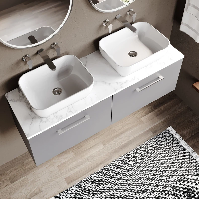 Lana 1200mm Wall Hung 2 Drawer Vanity Unit & Carrera Marble Laminate Worktop - Grey Satin