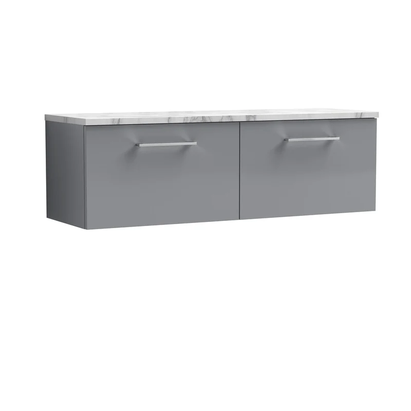 Lana 1200mm Wall Hung 2 Drawer Vanity Unit & Carrera Marble Laminate Worktop - Grey Satin
