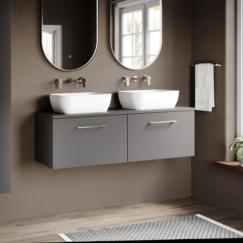 Lana 1200mm Wall Hung 2 Drawer Vanity Unit & Worktop - Grey Satin