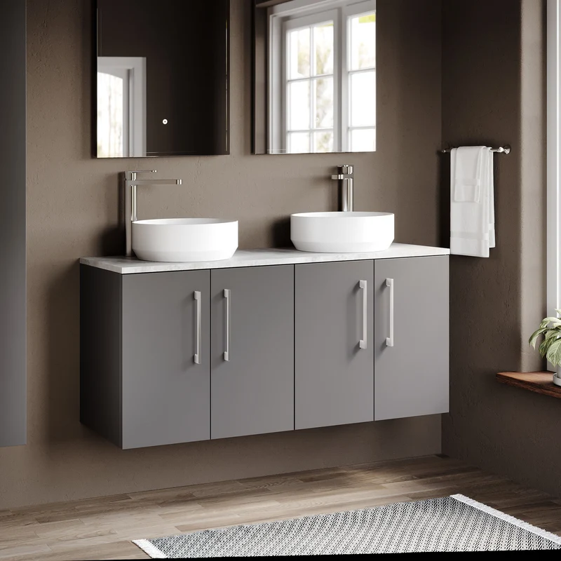 Lana 1200mm Wall Hung 4 Door Vanity Unit & Bellato Grey Laminate Worktop - Grey Satin