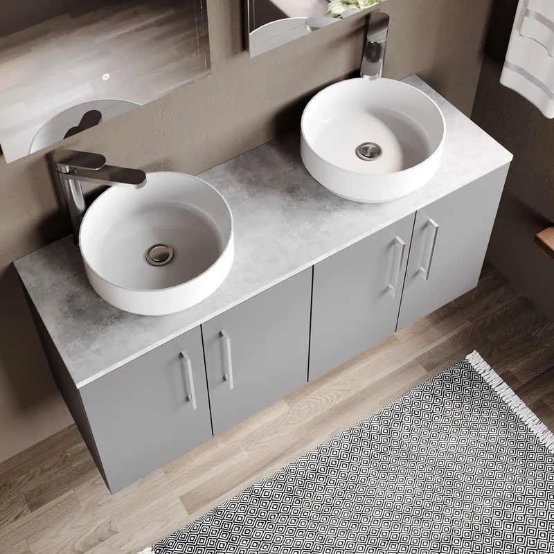 Lana 1200mm Wall Hung 4 Door Vanity Unit & Bellato Grey Laminate Worktop - Grey Satin