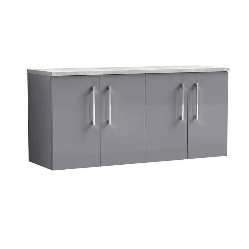 Lana 1200mm Wall Hung 4 Door Vanity Unit & Bellato Grey Laminate Worktop - Grey Satin
