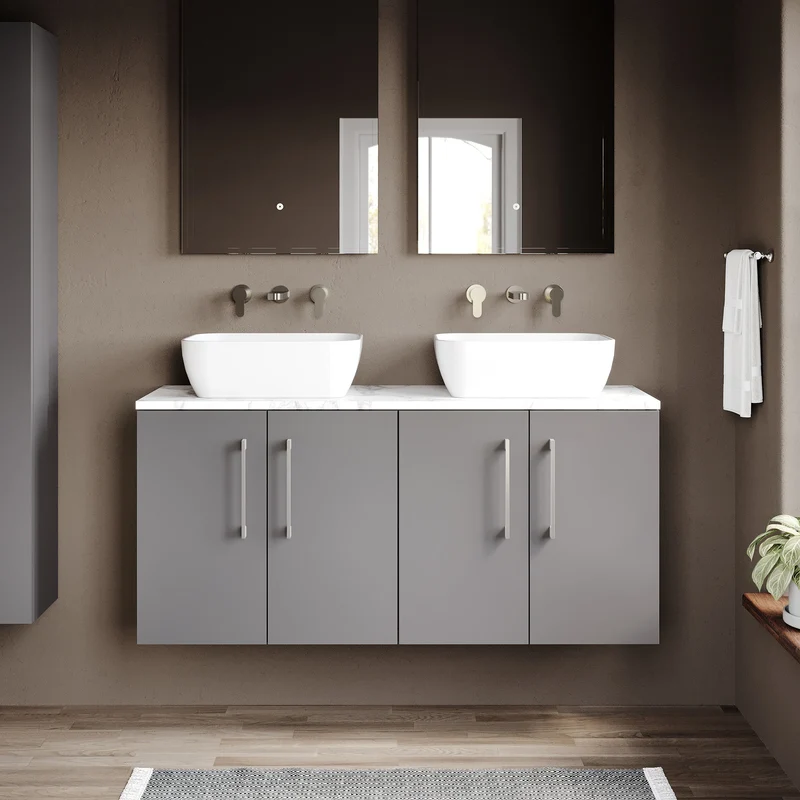 Lana 1200mm Wall Hung 4 Door Vanity Unit & Carrera Marble Laminate Worktop - Grey Satin