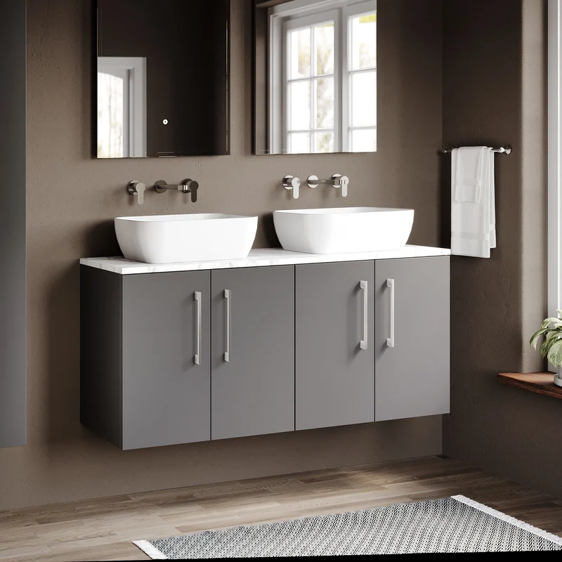 Lana 1200mm Wall Hung 4 Door Vanity Unit & Carrera Marble Laminate Worktop - Grey Satin