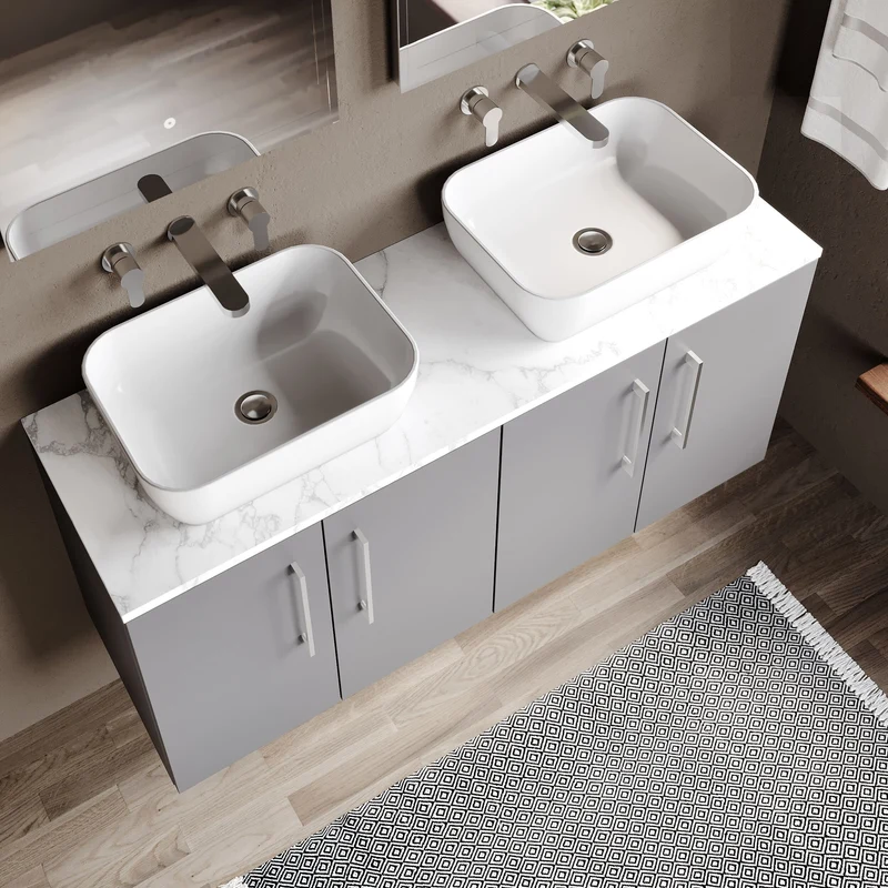 Lana 1200mm Wall Hung 4 Door Vanity Unit & Carrera Marble Laminate Worktop - Grey Satin